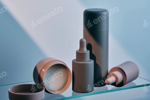 Preview: A composition of cosmetic care products on a glass shelf.