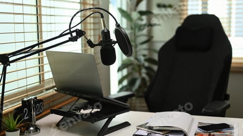 Preview: Home studio with laptop and condenser microphone. Entertainment, podcasts and technology concept.