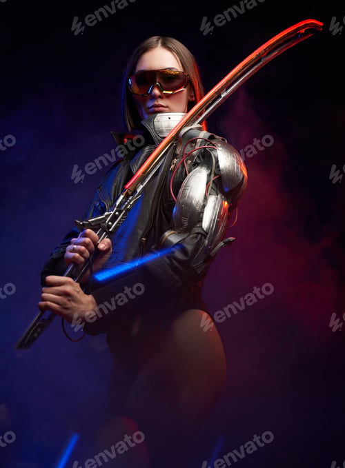 Preview: Cyber military woman with implant and sunglasses holding a sword