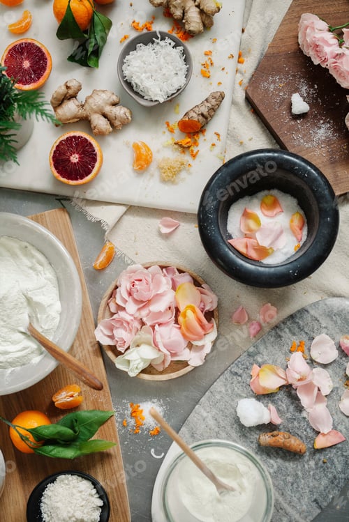 Preview: Overhead view of a pestle and mortar and rose petals, ginger and oranges