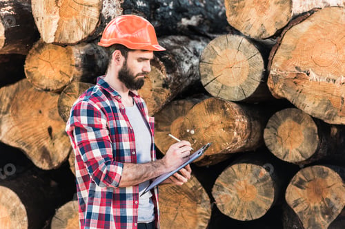 Preview: lumberjack in protective helmet writing in clipboard on logs background