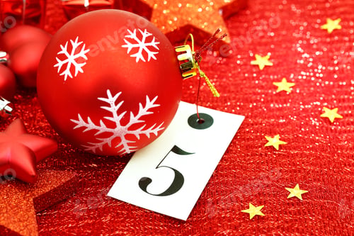 Preview: Number Five On Tag And Christmas Ornamets On Red Background