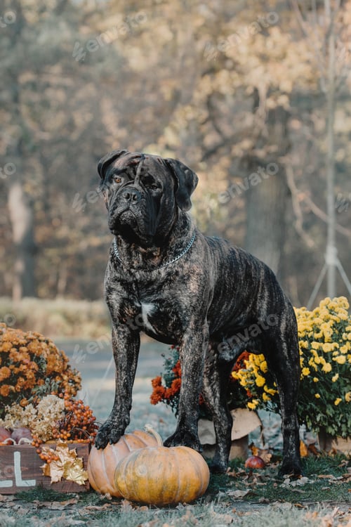 Preview: Dog in park. Cold weather. Bullmastiff dog breed. Giant dog. Fall, autumn season