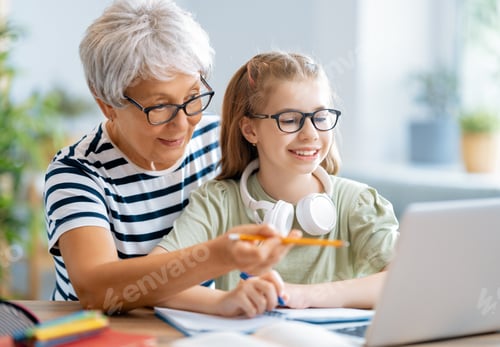 Preview: Girl doing homework or online education.