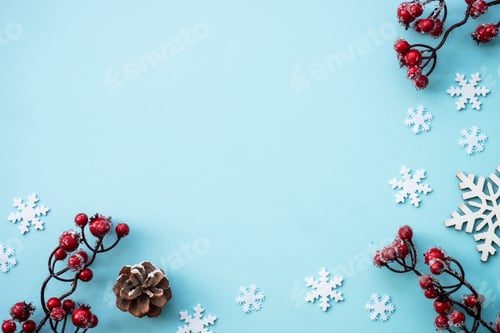 Preview: Christmas composition with holiday decorations on blue.