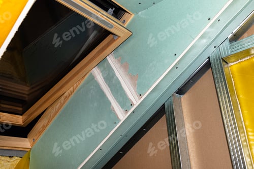 Preview: Roof window covered with blue plaster, visible vapor-permeable foil.