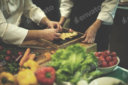 Preview: team cooks and chefs preparing meal