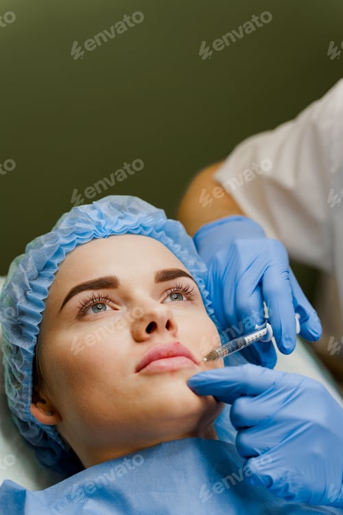 Preview: Close-up of lip filler for attractive girl. Surgeon performs procedure in clinic.