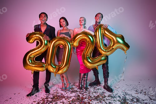 Preview: Happy New Year, joyful multiethnic friends in festive attire holding balloons with 2024 numbers