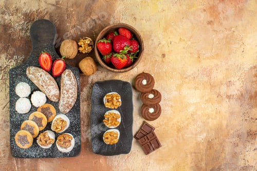 Preview: top view different sweets with cookies and fruits on light desk fruit sugar pie cake