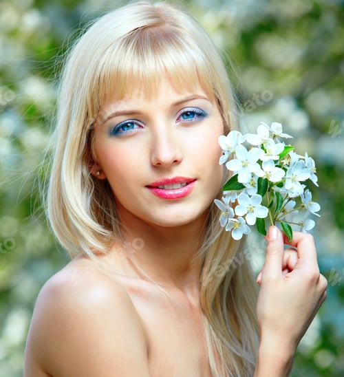 Preview: Outdoor Portrait Of Happy Beautiful Blue-Eyed Blonde Girl Posing With Flowers In Her Hair