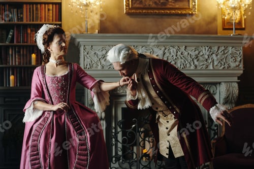 Preview: Caucasian Young Adult Man Bowing Respectfully to Woman in Baroque Renaissance Room