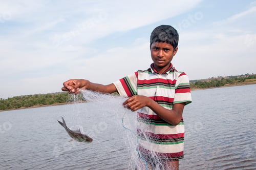 Preview: Young Fisherman take fish out of the net in front lake, India.