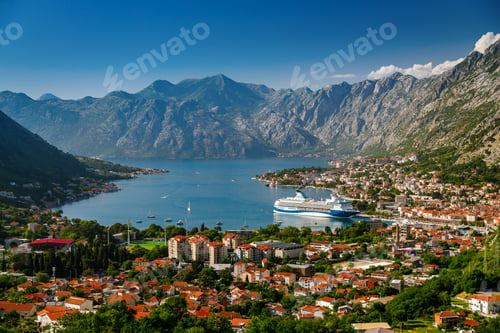 Preview: View of Kotor town and Kotor bay with a big cruise ship from an aerial viewpoint
