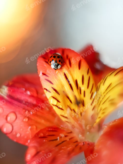 Preview: drops. bokeh. blossom.Red flowers.ladybug