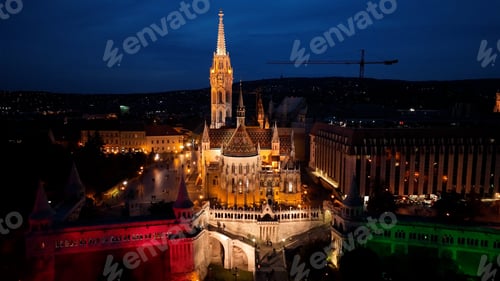Preview: Aerial View Shot of Fishermans Bastion and Matthias church at night. Budapest