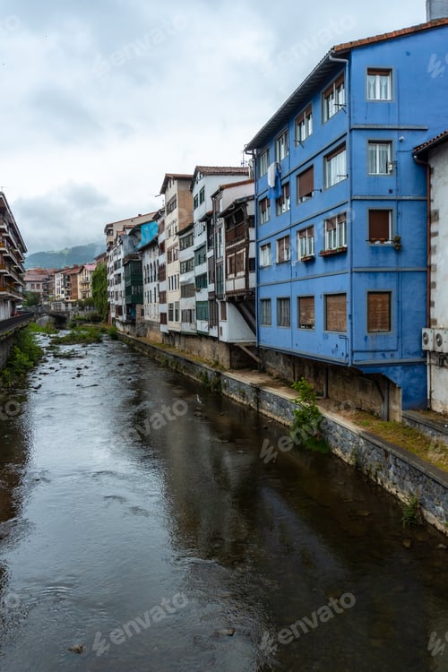 Preview: Traditional blue house in the town of Azkoitia next to the Urola river, Gipuzkoa