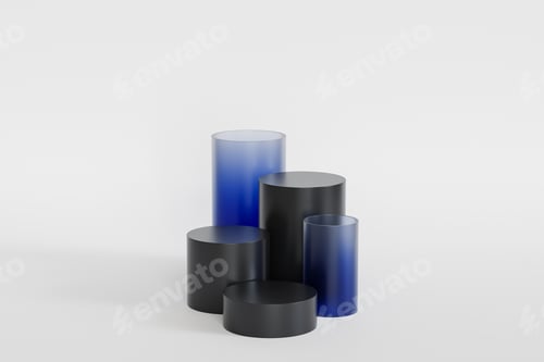 Preview: Black podiums or pedestals for products or advertising with blue glass on white background