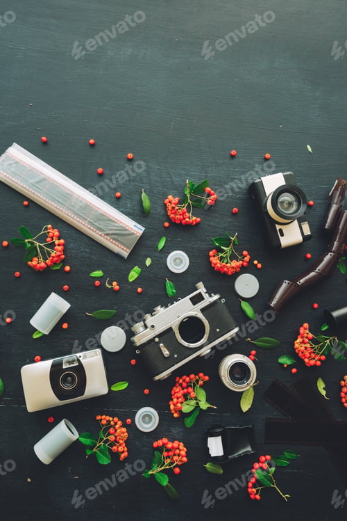 Preview: Vintage retro film cameras flat lay