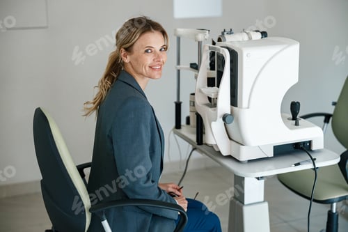 Preview: Smiling woman patient awaits a vision test at opticians shop or ophthalmology clinic