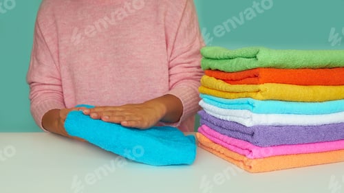 Preview: Close-up of hands putting stack of fresh bath towels. multi-colored rolls