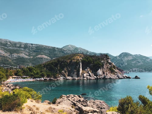Preview: Top view Montenegro Sutomore stones beach blue turquoise Adriatic sea water mountains day