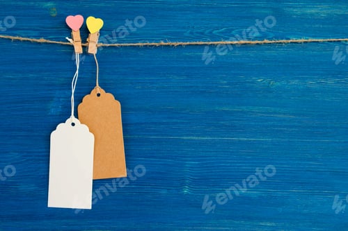 Preview: Wooden Background with Tags and Heart-Shaped Clothespins