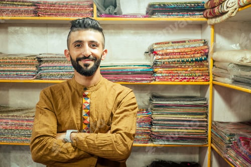 Preview: small shop owner indian man selling shawls at his store in arambol goa