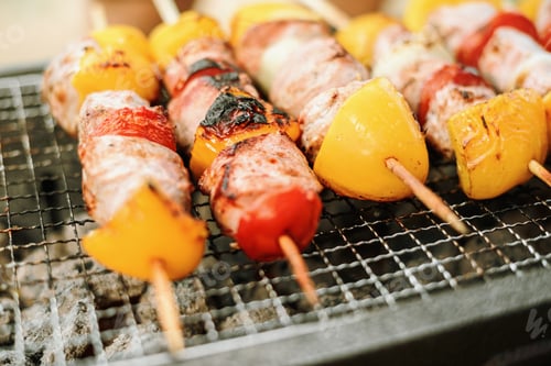 Preview: Woman's hand barbecuing meat and vegetable on wooden skewers charcoal grill for outdoor picnic