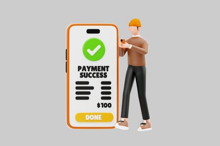 Preview: Payment success cartoon character with phone