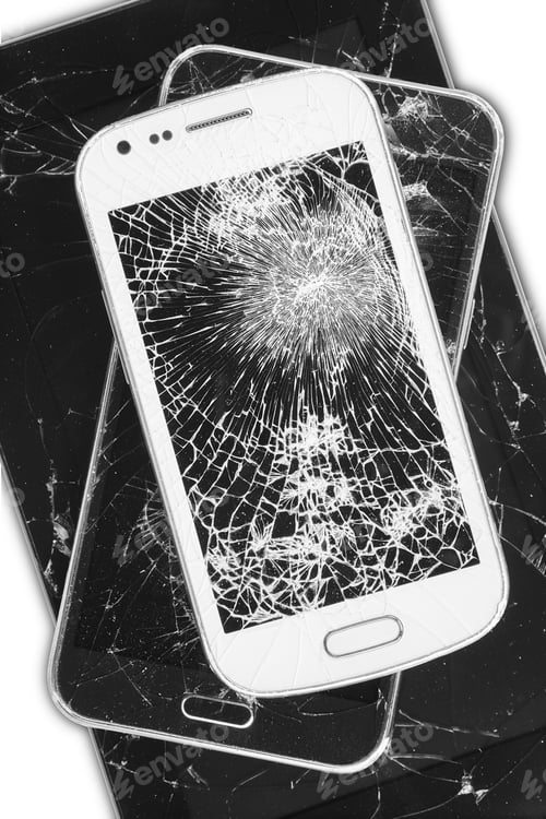 Preview: Smartphones with damaged screens isolated on white. Repair equipment