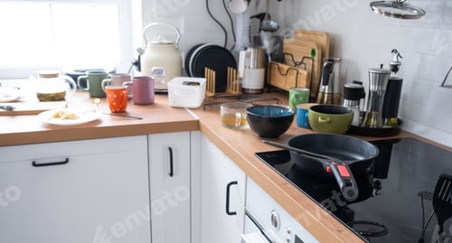 Preview: A mess in the kitchen, dirty dishes on the table, scattered things, unsanitary conditions. The dishw