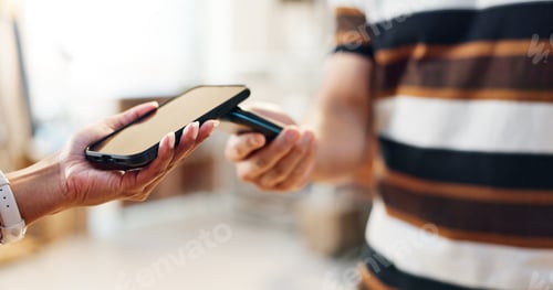 Preview: Hands, card machine and smartphone, payment and finance, shopping and people with POS. Digital, cus