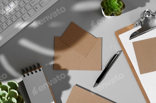 Preview: Flat lay composition with blank stationery mock-up