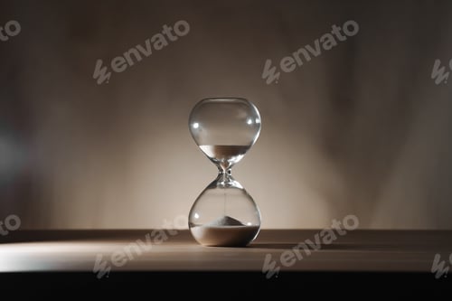 Preview: Minimalist Glass time almost over Hourglass on Wooden Surface with Beige Background sidelit low key