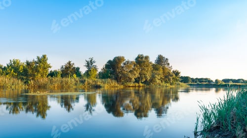 Preview: Scenery of silent rural lake near green forest