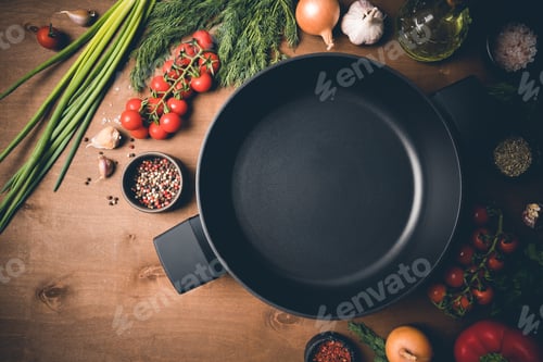 Preview: Empty pan surrounded by vegetarian