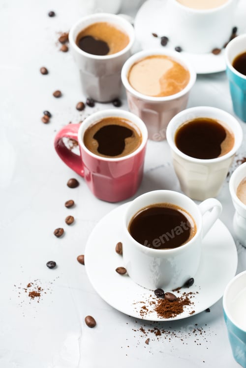 Preview: Different coffee mugs and cups for breakfast