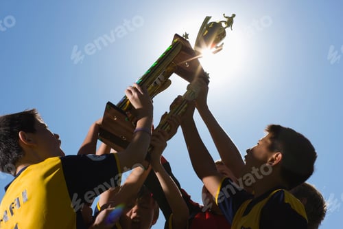 Preview: A group of boys in soccer team shirts holding a trophy and celebrating a win.