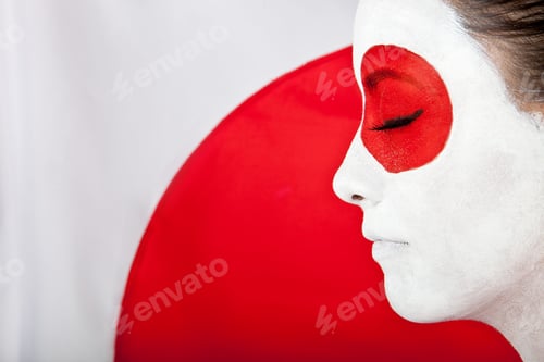 Preview: Japanese Woman In Asian Outfit With The Flag Behind