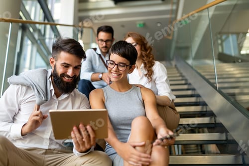 Preview: Business people having fun, teamwork and chatting at workplace office together.