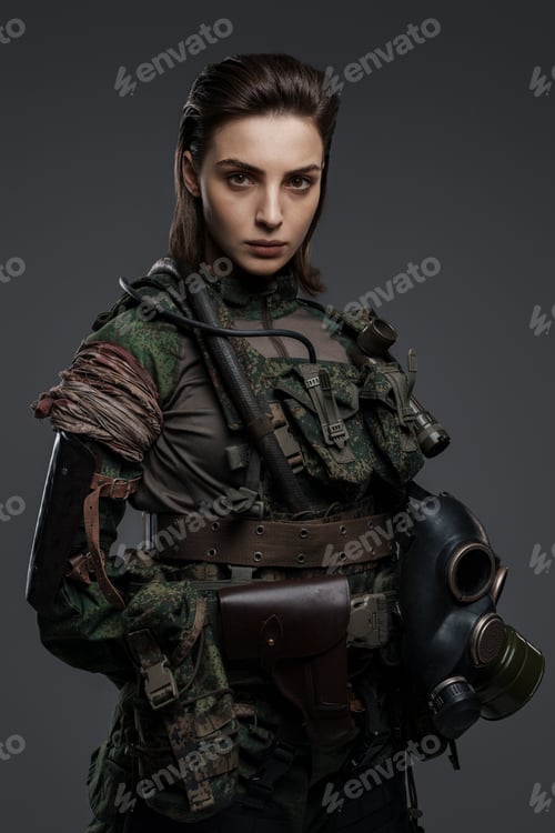 Preview: Portrait of a woman in military attire against a gray background