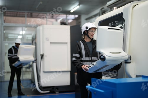 Preview: Robotic Arm engineer check on equipment in its with software of an Artificial Intelligence Computer