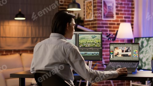 Preview: Multimedia artist editing video montage with sound and visual effects