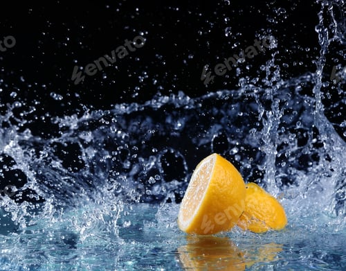 Preview: Sliced lemon in the water on black background