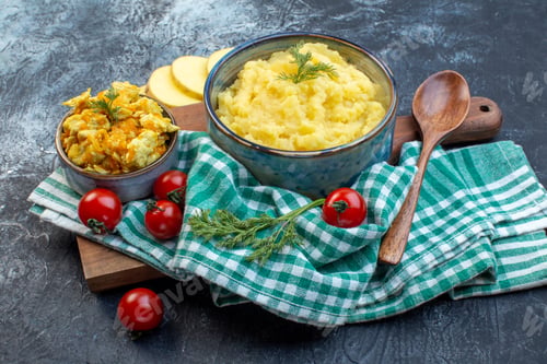 Preview: Front view of mashed potatoes served with dill and delicious dish fresh vegetables on green stripped