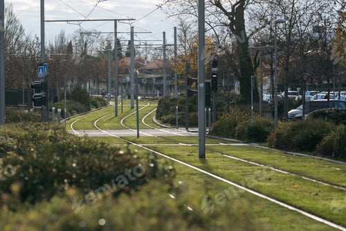 Preview: Empty tram rails with green lawn in city.