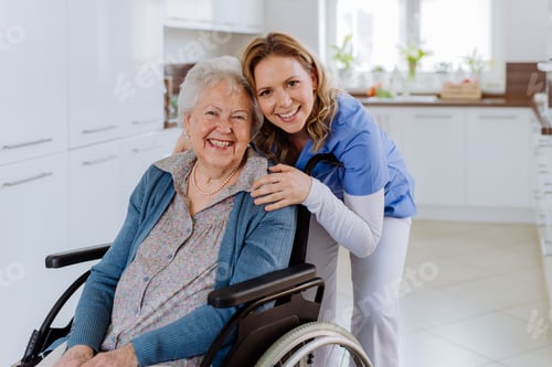 Preview: Portrait of nurse and her senior client on wheelchair.