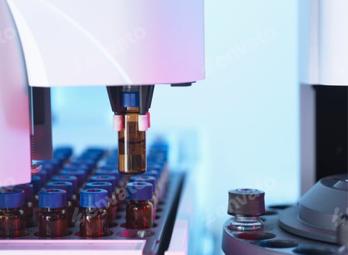 Preview: Gas chromatography separating vials of complex compound mixtures into individual components