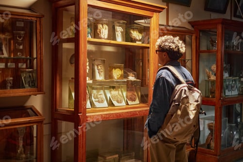 Preview: Young Adult Caucasian Man Observing Preserved Specimens in Museum Display Case